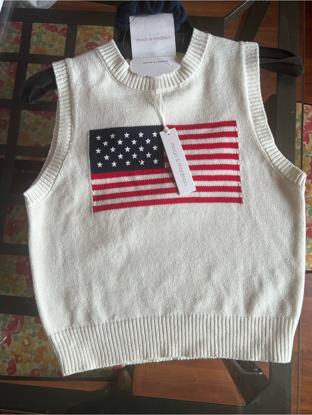 moon & madison Cream Knit Vest with Red & Blue Flag Motif